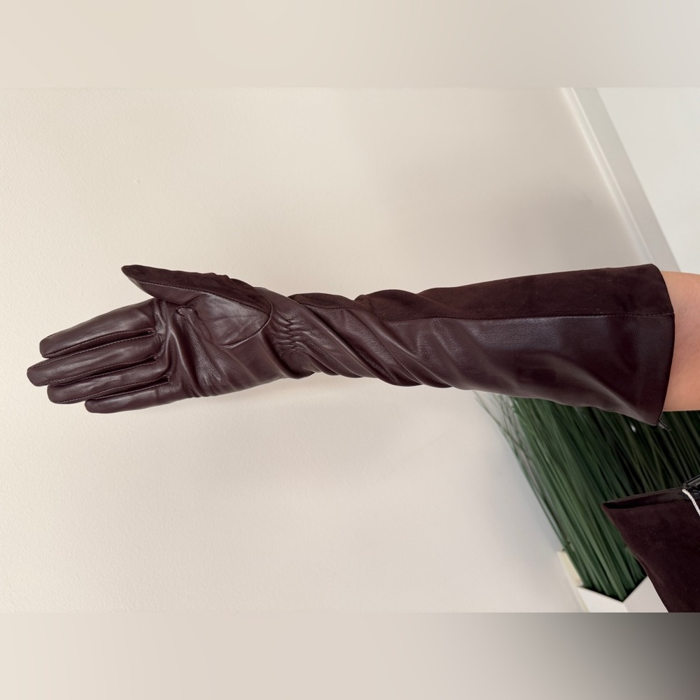 NWT Long Leather & Suede Opera Gloves Brown Premium 6.5 - Picture 10 of 10
